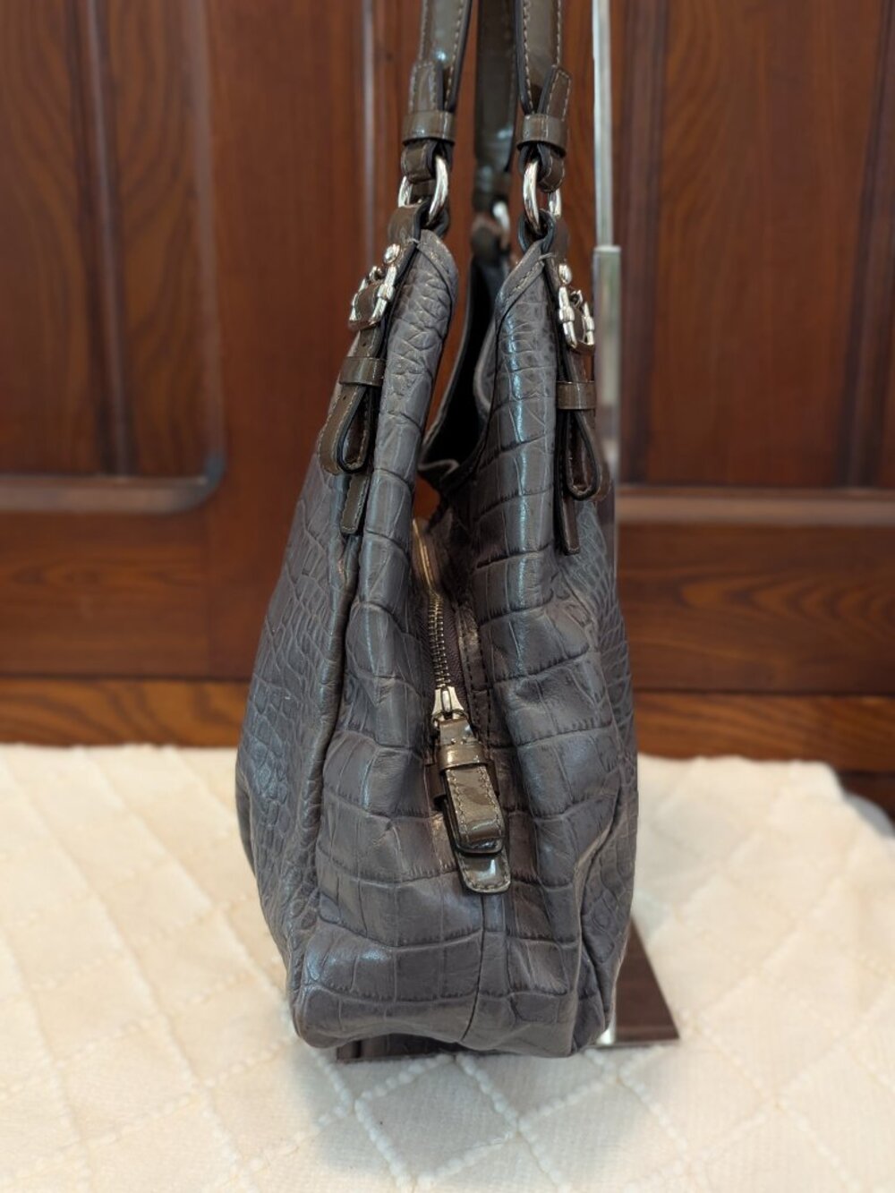 Coach Madison Maggie Shoulder Bag Croc Embossed Grey Leather - Picture 4 of 14